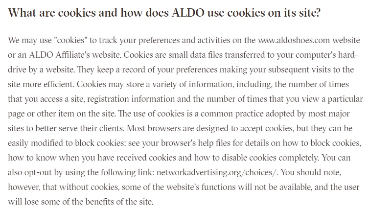 ALDO&#039;s US Privacy Policy cookies clause