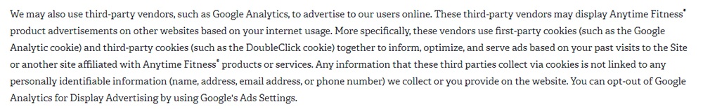 Anytime Fitness Privacy Policy: Cookies clause excerpt about Google Analytics