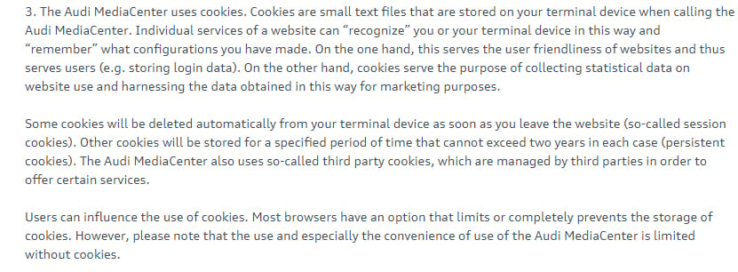 Audi MediaCenter Privacy Policy: Cookies clause