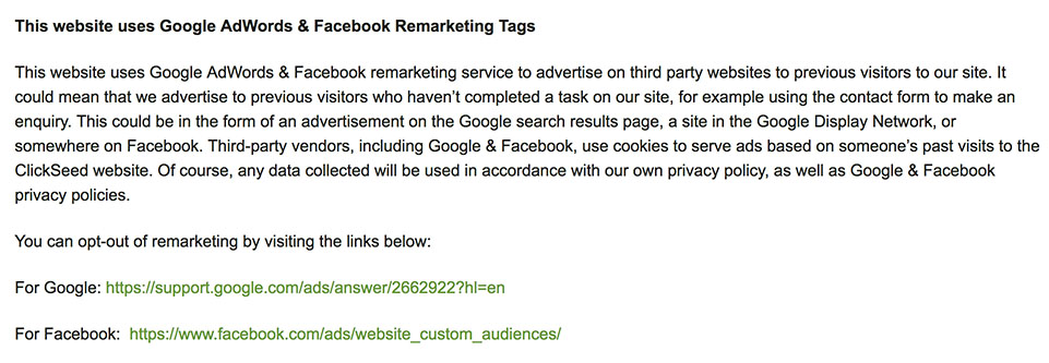Clickseed Privacy Policy: This website uses Google AdWords and Facebook Remarketing Tags clause with Opt-out options