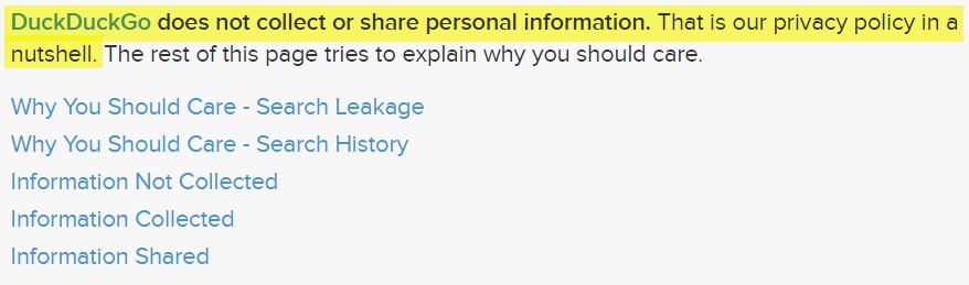 DuckDuckGo: Screenshot of Privacy Policy page with highlighted excerpt - does not collect or share personal information