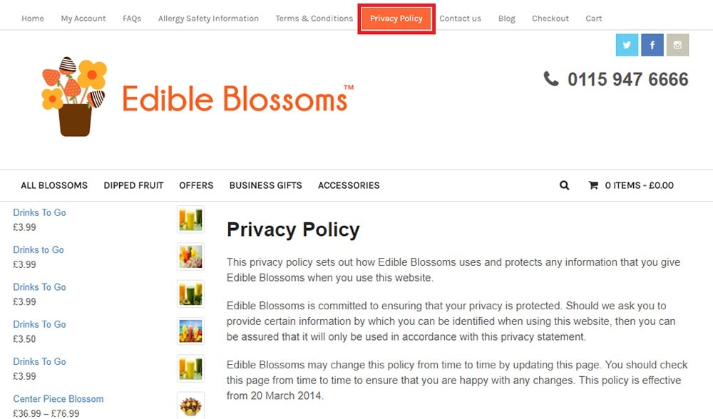 Edible Blossoms: Privacy Policy link in header
