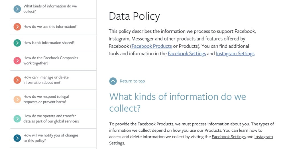 Facebook Data Policy: Homepage with main menu