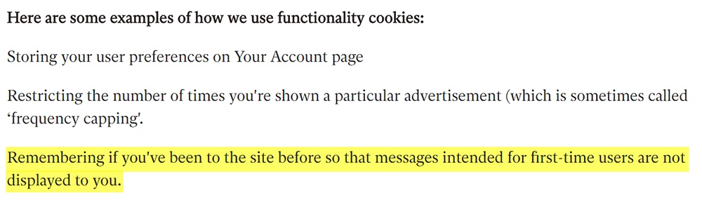 Generic clause about functionality cookies with information highlighted