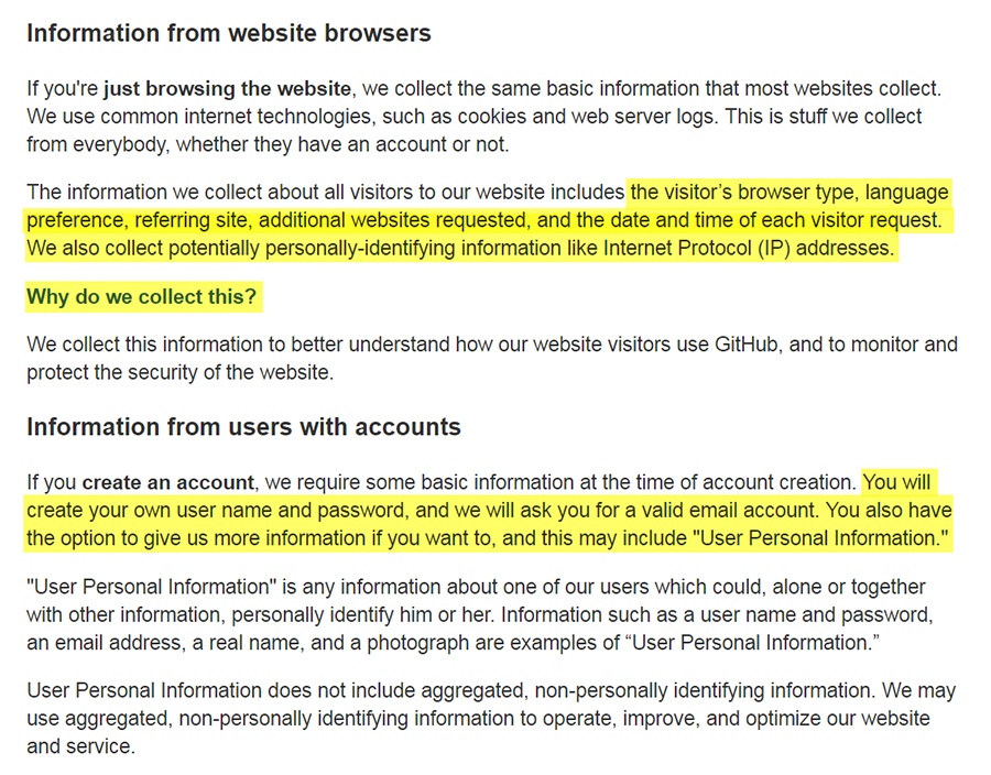 GitHub Privacy Policy: Information from Website Browsers and users with accounts clauses