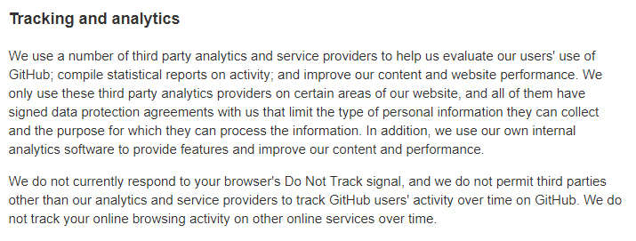 GitHub Privacy Statement: Tracking and Analytics clause - DNT