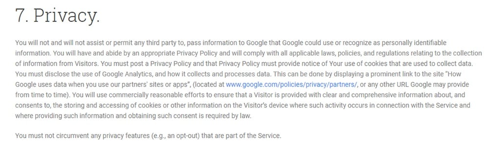 Google Analytics Terms of Service Privacy clause