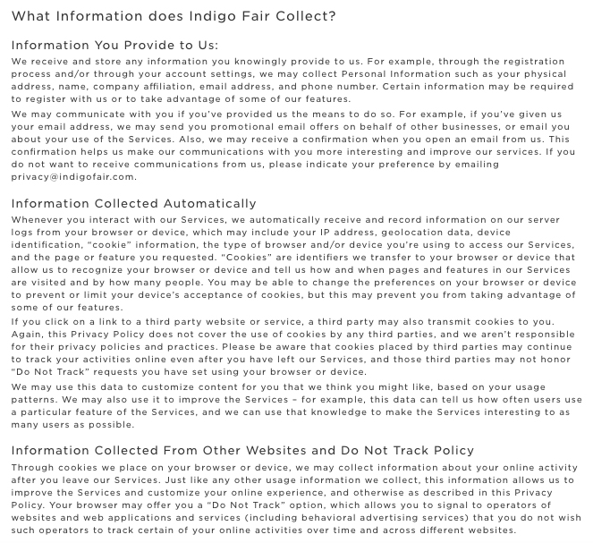 Indigo Fair Privacy Policy: Information we collect clause