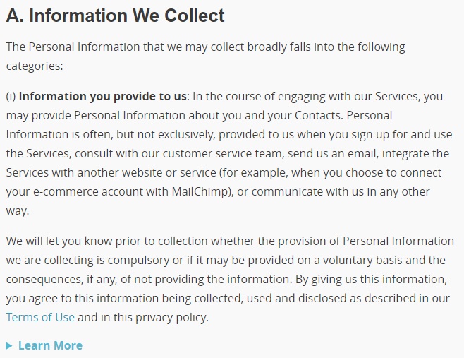 MailChimp Privacy Policy: Information We Collect clause excerpt