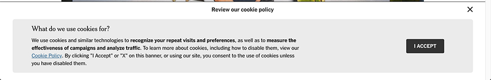 NYTimes cookies banner notice with Accept button