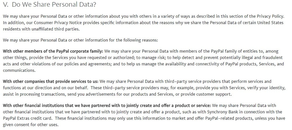 PayPal Privacy Policy: Do We Share Personal Data clause