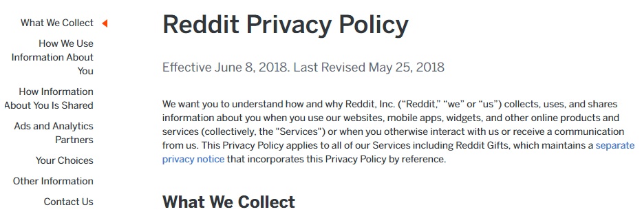 Reddit: Screenshot of Privacy Policy page intro and table of contents