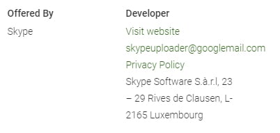 Skype app on Google Play Store: Developer info with Privacy Policy link