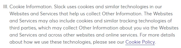 Slack Privacy Policy: Cookie clause with link to cookie policy