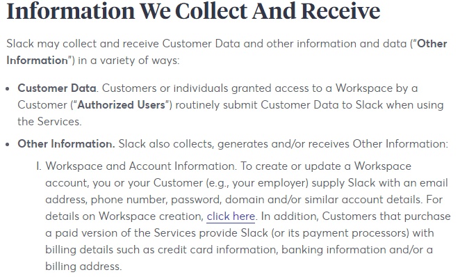 Slack Privacy Policy: Information We Collect and Receive clause