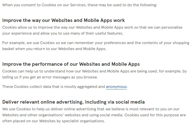 Tesco Privacy and Cookies Policy: How cookies are used clause