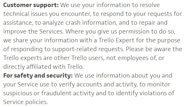 Trello Privacy Policy: How we use information we collect clause excerpt