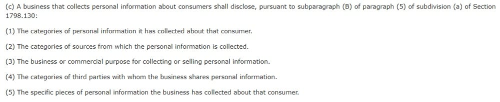 California Legislative Information: California Consumer Privacy Act CCPA - Section 1798:110 - Disclosure of personal information collection practices
