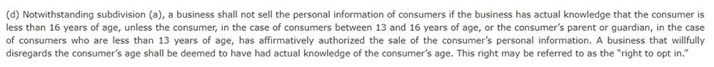 California Legislative Information: California Consumer Privacy Act CCPA - Section 1798:120 - Minors right to opt out