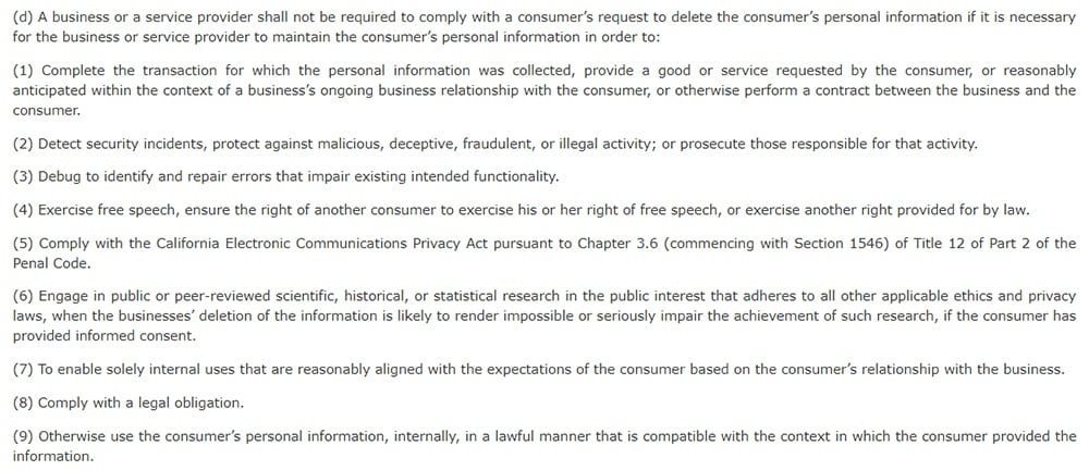 California Legislative Information: California Consumer Privacy Act CCPA - Section 1798:105 - Right to deletion exceptions