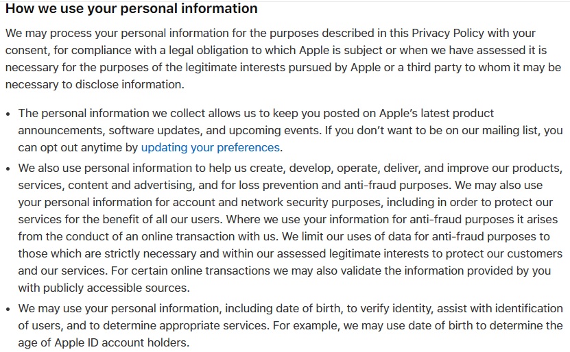 Apple UK Privacy Policy: How we use your personal information clause excerpt