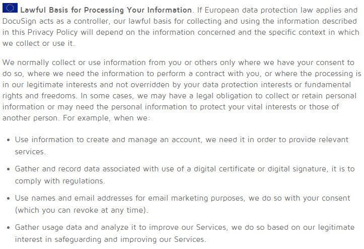 DocuSign UK Privacy Policy: Lawful Basis for Processing Your Information clause
