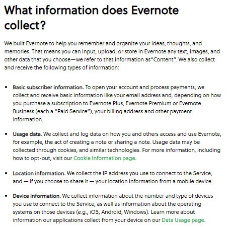 Evernote Privacy Policy: What information does Evernote collect clause
