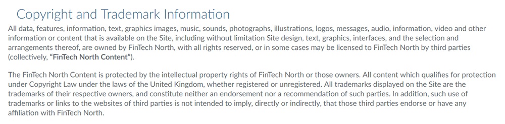 FinTech North UK Terms and Conditions: Copyright and Trademark Information clause