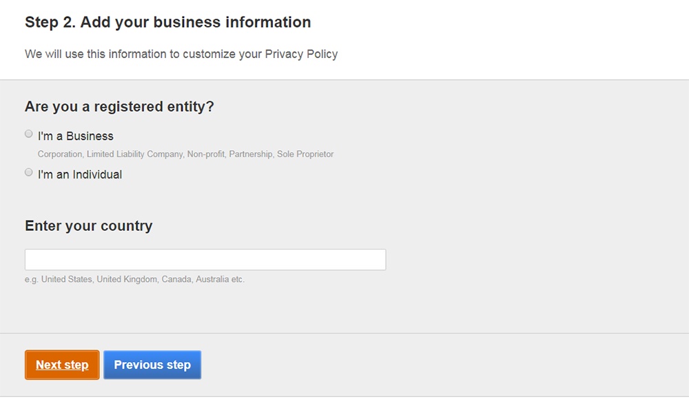 FreePrivacyPolicy: Privacy Policy Generator - Answer a few questions about your business - Step 2