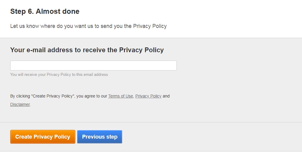 FreePrivacyPolicy: Privacy Policy Generator - Enter your email address - Step 7