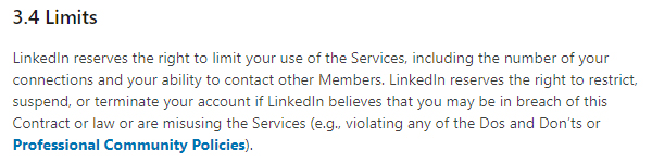 LinkedIn User Agreement: Rights and Limits clause - Right to restrict or terminate accounts