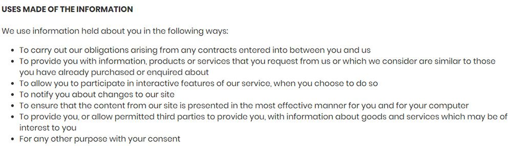 Piksel SaaS Privacy Policy: Uses made of the information clause