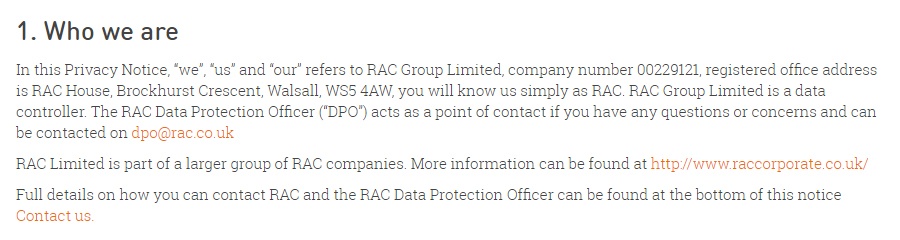 RAC UK Privacy Policy: Who we are clause - contact information