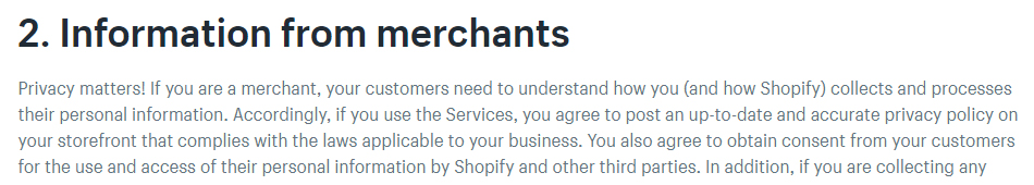 Shopify Privacy Policy: Information from merchants clause with Privacy Policy requirement