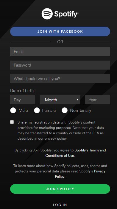 Spotify mobile app for Windows: Join/Sign-up page