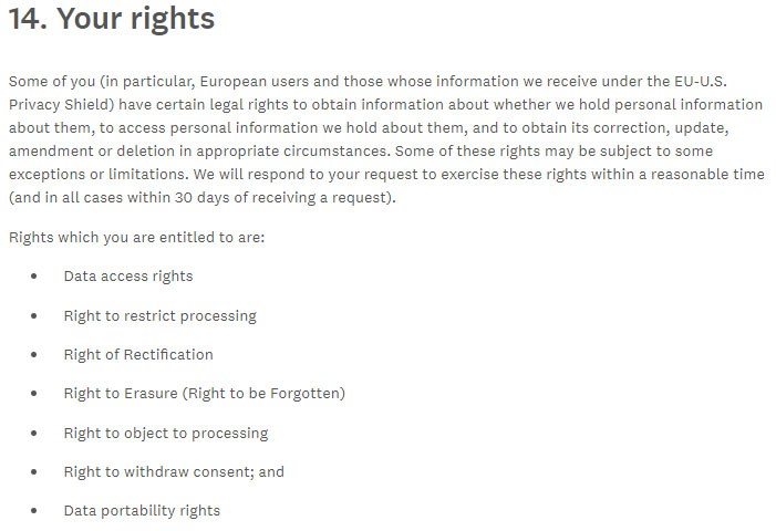 SurveyMonkey Privacy Policy: Your Rights clause with GDPR rights