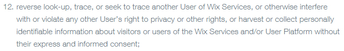 Wix Terms of Use: Clause covering restrictions and privacy rights