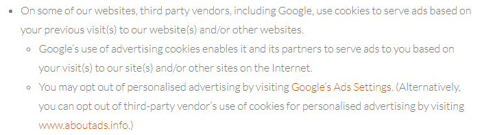 Antherweb Privacy Policy clause excerpt about third-party vendors, Google and Aboutads