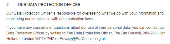 Bar Council UK Privacy Notice: Our Data Protection Officer contact information clause