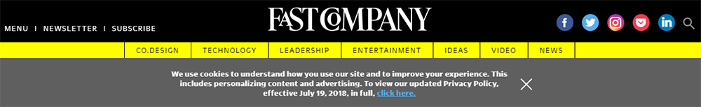 Screenshot of Fast Company website cookies banner pop-up