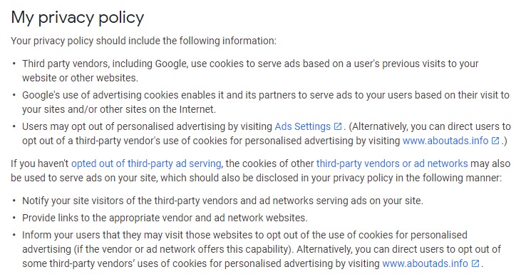 Google AdSense Required content: My Privacy Policy requirements
