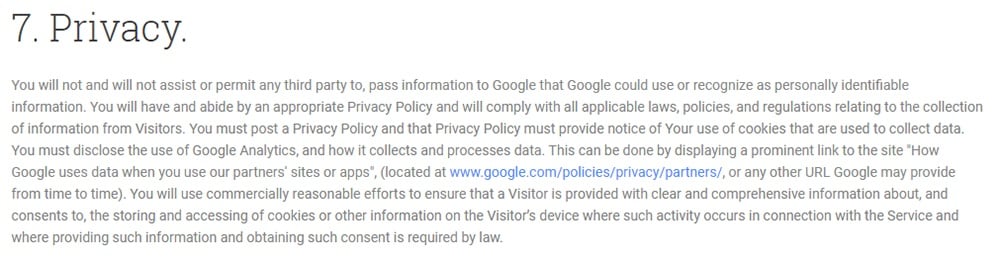 Google Analytics Terms of Service Privacy clause excerpt about a required Privacy Policy