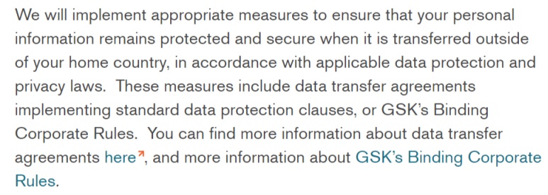 GSK Privacy Notice: Excerpt of clause discussing international transfers of information and binding corporate rules