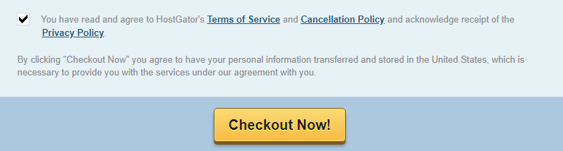 HostGator checkout now page with checkbox for legal agreements