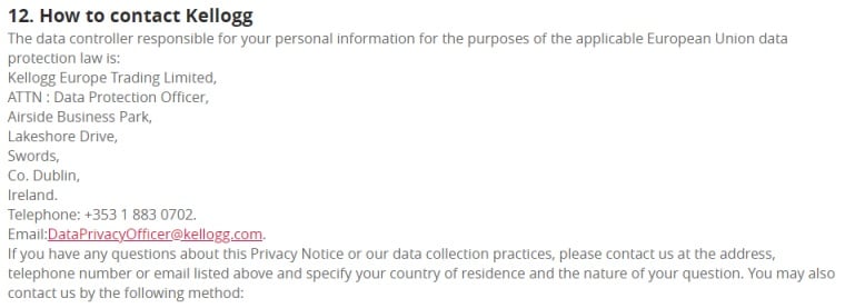 Kellogg UK Privacy Policy: Contact information clause for data controller and data protection officer