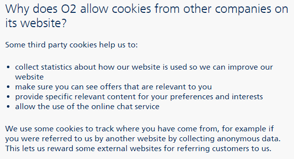 O2 Third-party cookies clause excerpt from Cookies Policy