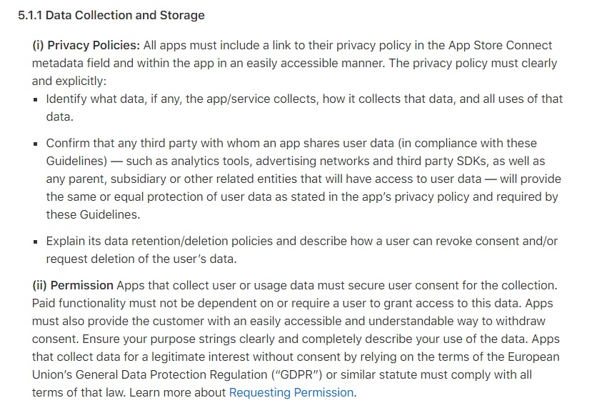 Privacy clause of the Apple App Store Review Guidelines document discussing data collection, storage and permissions.