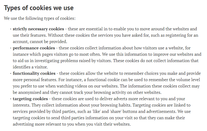 University of Oxford&#039;s Cookie statement - Types of cookies we use clause excerpt