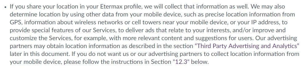 Etermax Privacy Policy: Excerpt of Information We Obtain Automatically clause about location information and advertising