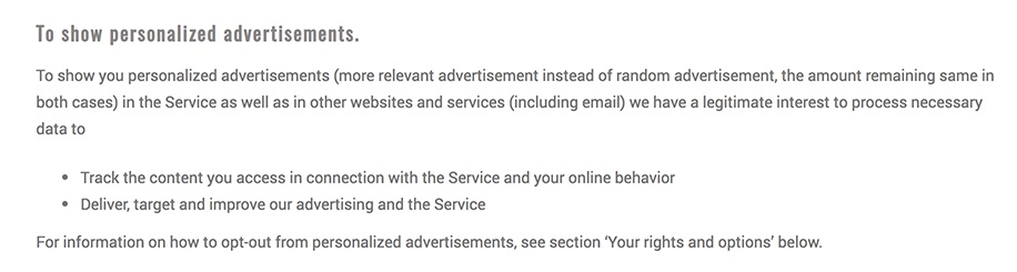 Frogmind Privacy Policy: Why Do We Collect Your Data clause: To Show Personalized Advertisements section